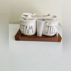 Rae Dunn Jam & Jelly Ceramic Jars With Holder NWT